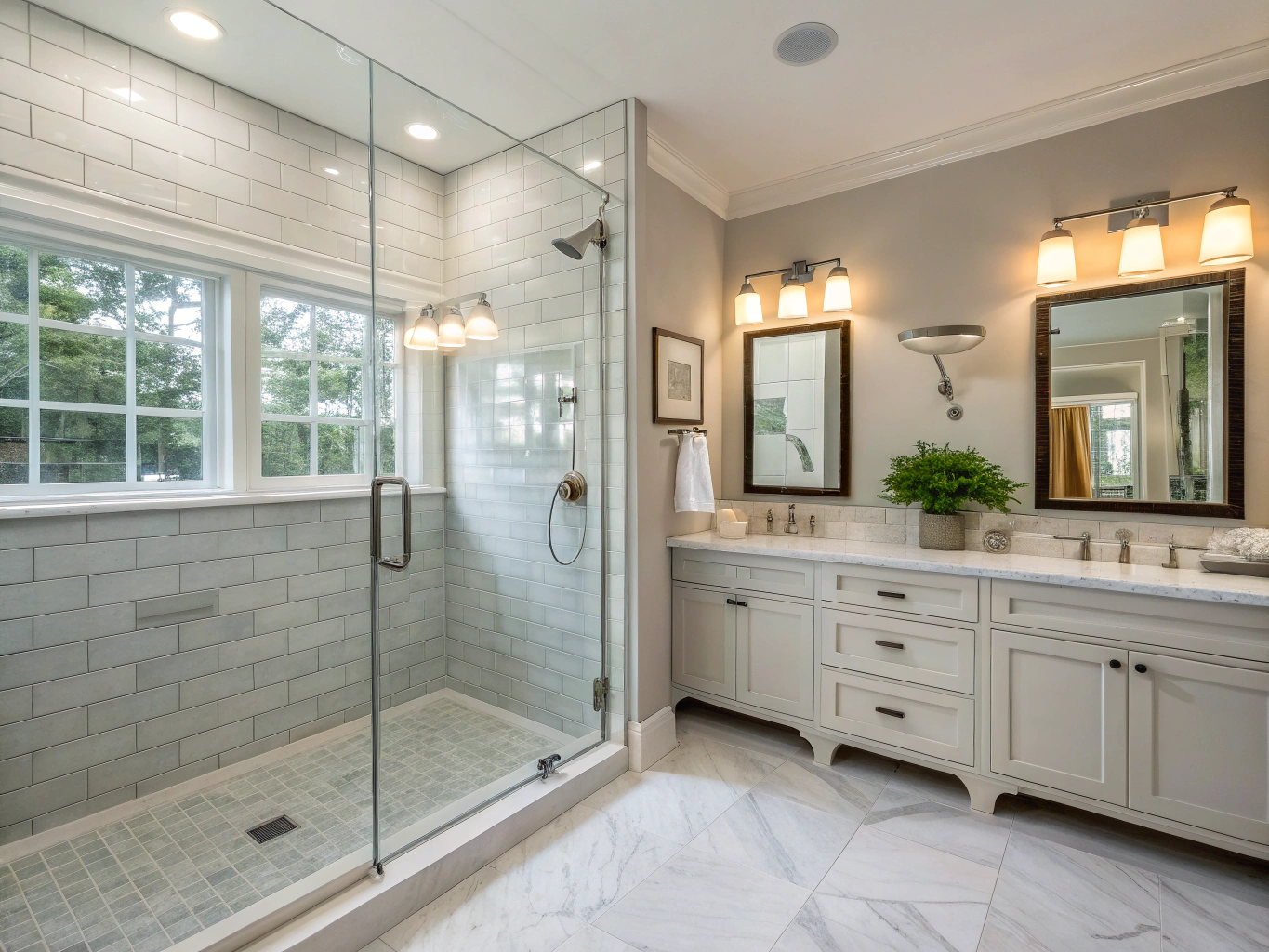 Finished master bathroom suite in Marietta GA with glass-enclosed shower and dual vanity