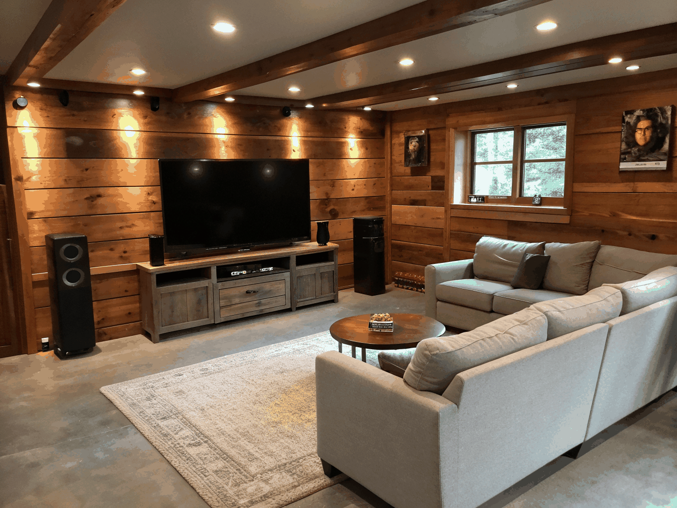 Finished suburban basement living room and media area in single-family home