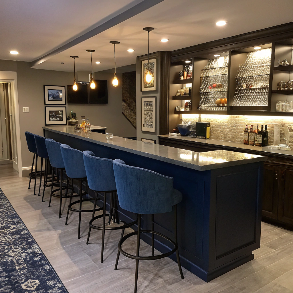 Custom basement wet bar with cabinetry and integrated bar refrigeration