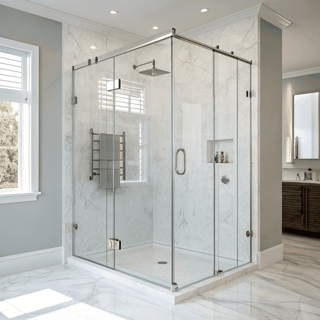 Custom walk-in shower tile installation with frameless glass