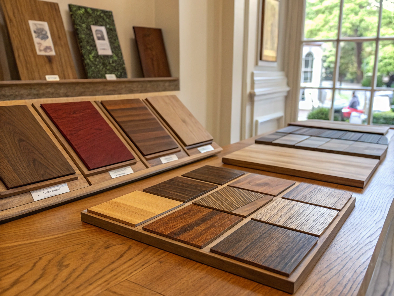 Curated display of porcelain tile and hardwood plank flooring samples for residential renovation
