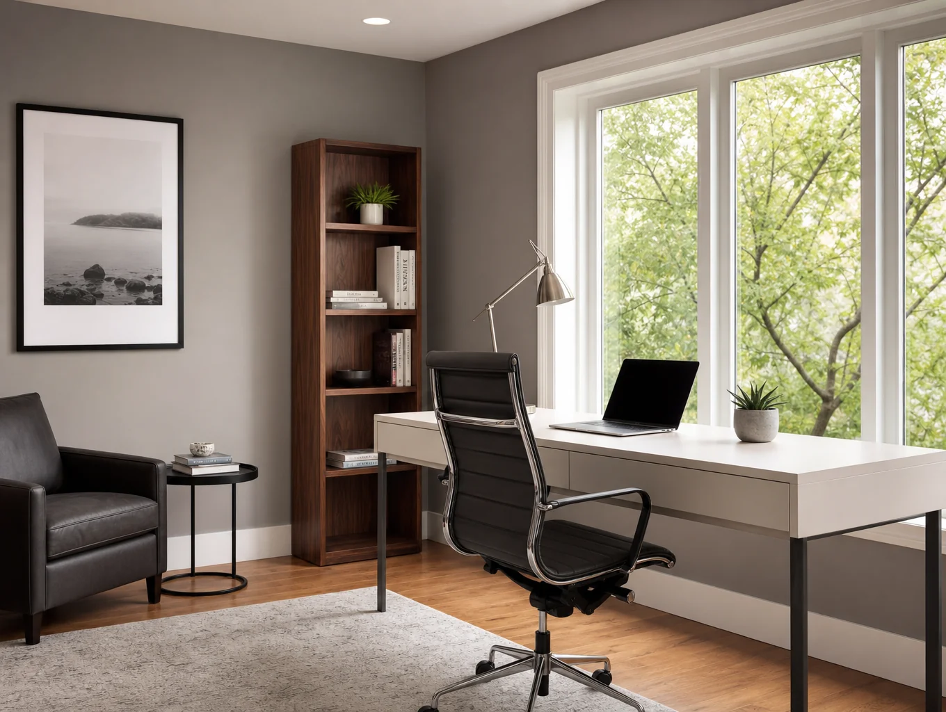 Finished home office with custom built-in shelving and task lighting
